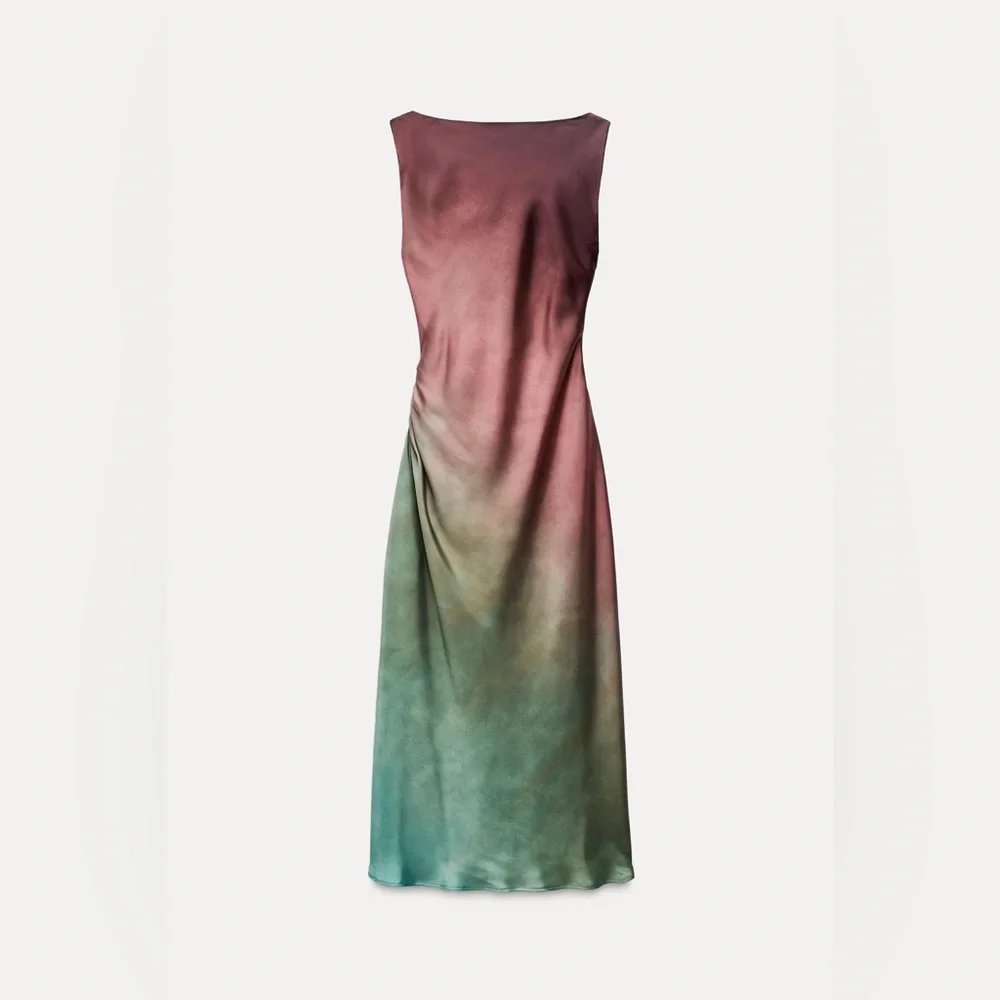 Zara dress midi satin tie dye fitted bodycon casual evening wedding cowl neck - Picture 8 of 13